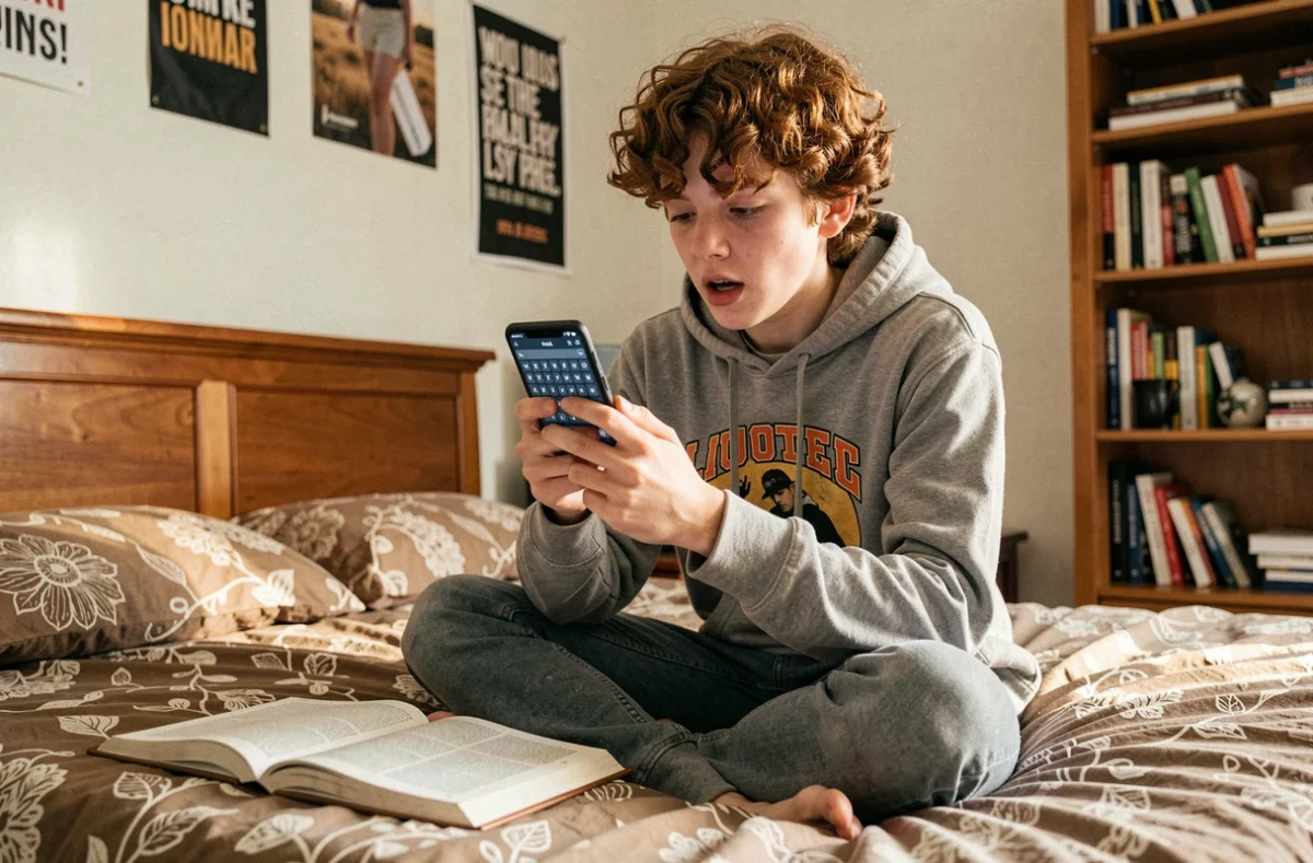 Adolescent dans sa chambre utilisant un smartphone Android pour écrire un È avec accent grave au clavier virtuel