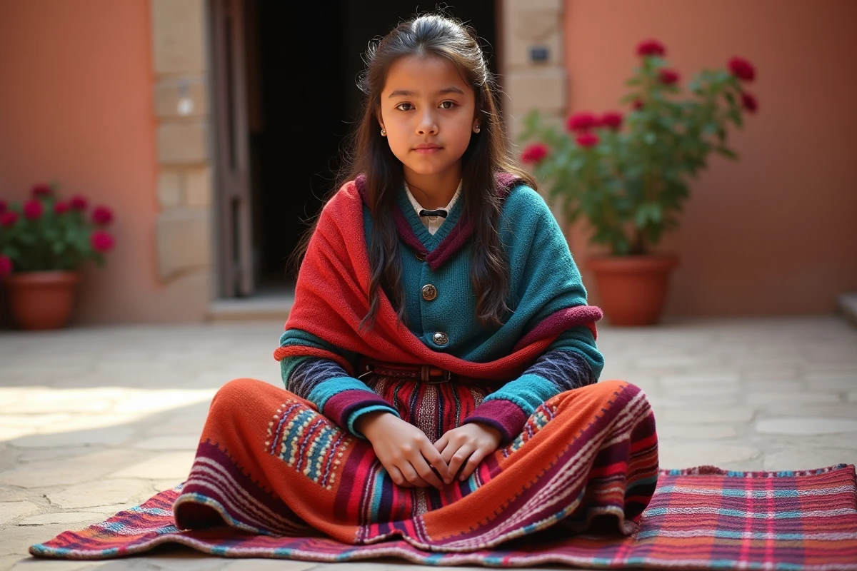 Adolescente péruvienne en pollera traditionnelle andine tissant un textile coloré dans une cour en terre cuite, représentation de l'identité culturelle par le vêtement