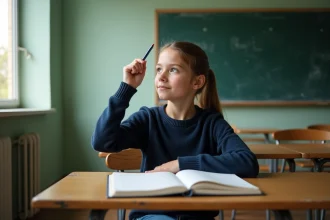 Adolescente pensive assise à son bureau scolaire le jour de la rentrée, tenant un stylo au-dessus d'un cahier ouvert dans une salle de classe traditionnelle
