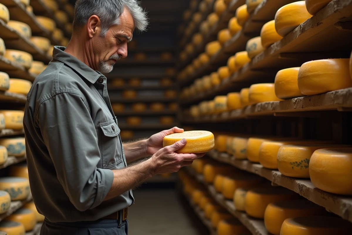 Affineur de fromages inspectant une meule dans une cave d'affinage en pierre en Espagne