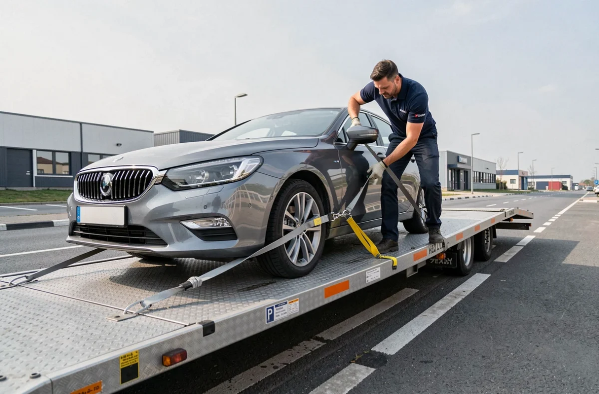 Spécialiste Alliance Car Move fixant une voiture sur un plateau de transport auto dans une rue de banlieue parisienne