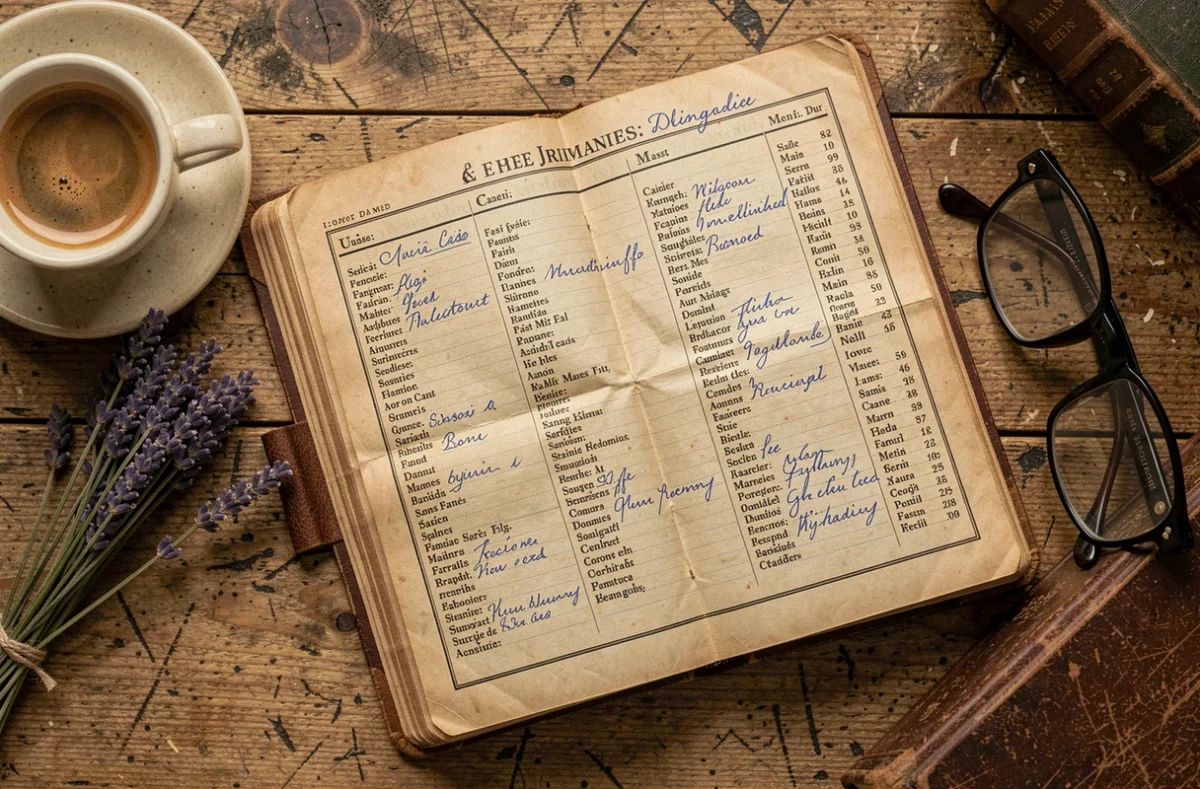 Almanach français ouvert sur les fêtes et prénoms des saints avec annotations manuscrites sur un bureau en bois