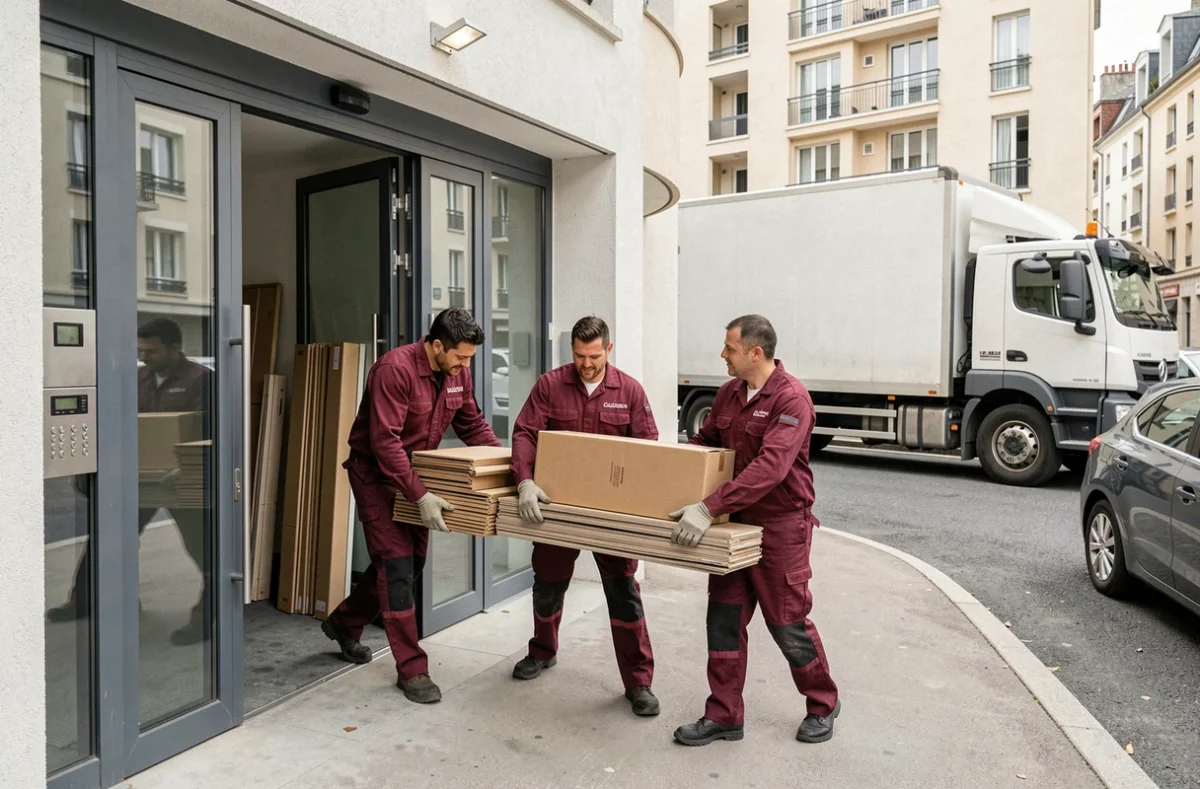 Équipe AMD déchargeant un camion et portant des cartons vers l'entrée d'un immeuble moderne à Asnières