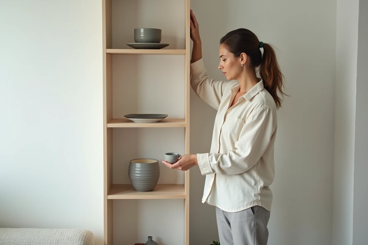 Personne arrangeant des objets décoratifs sur une étagère en bois dans un salon minimaliste aux murs blancs