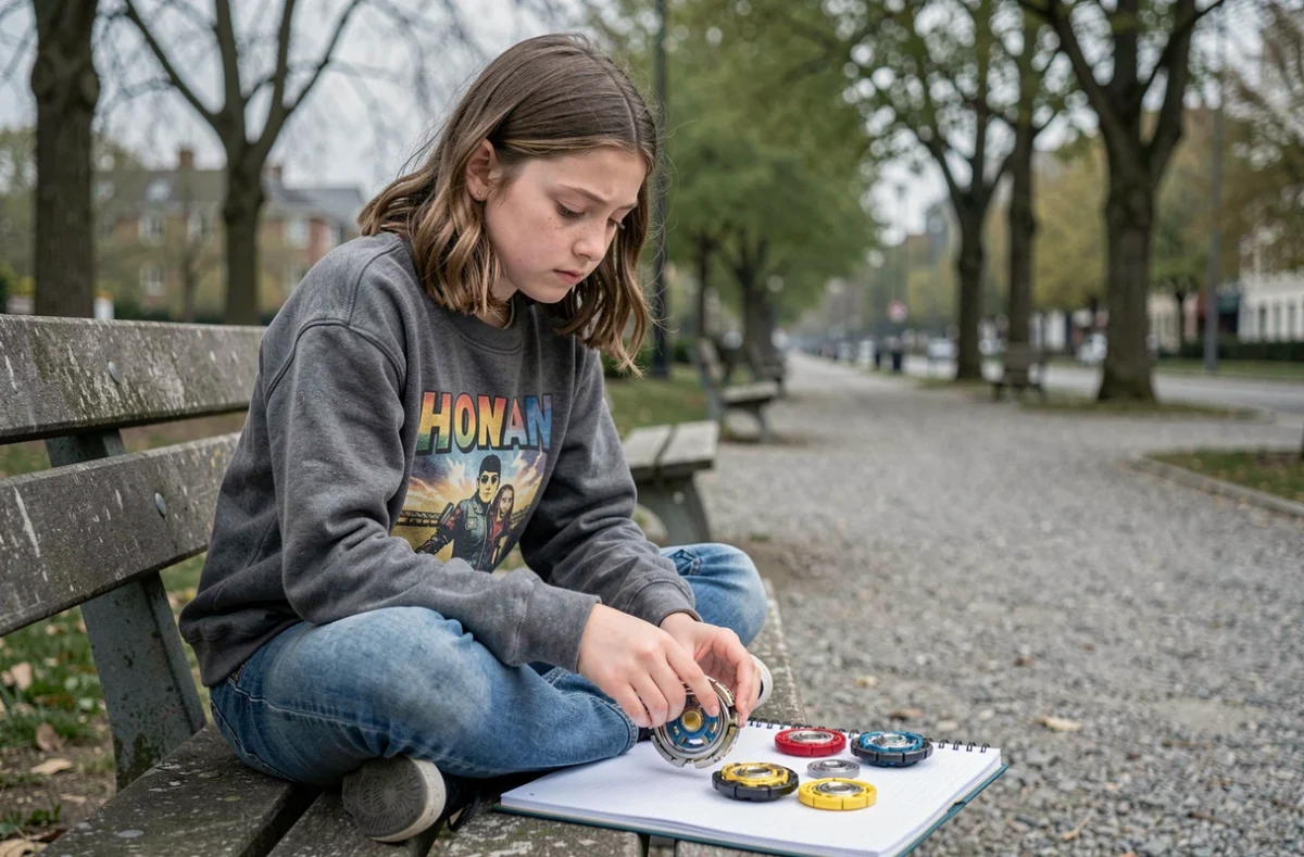 Adolescente analysant les composants démontés d'un Beyblade sur un banc de parc, apprentissage des techniques pour débutants