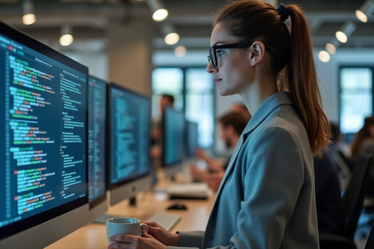 Femme analysant un code de sécurité informatique sur un écran d'ordinateur dans un bureau open space