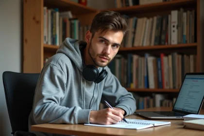 Jeune homme annotant des paroles de chanson en français dans un cahier, ambiance studieuse et musicale