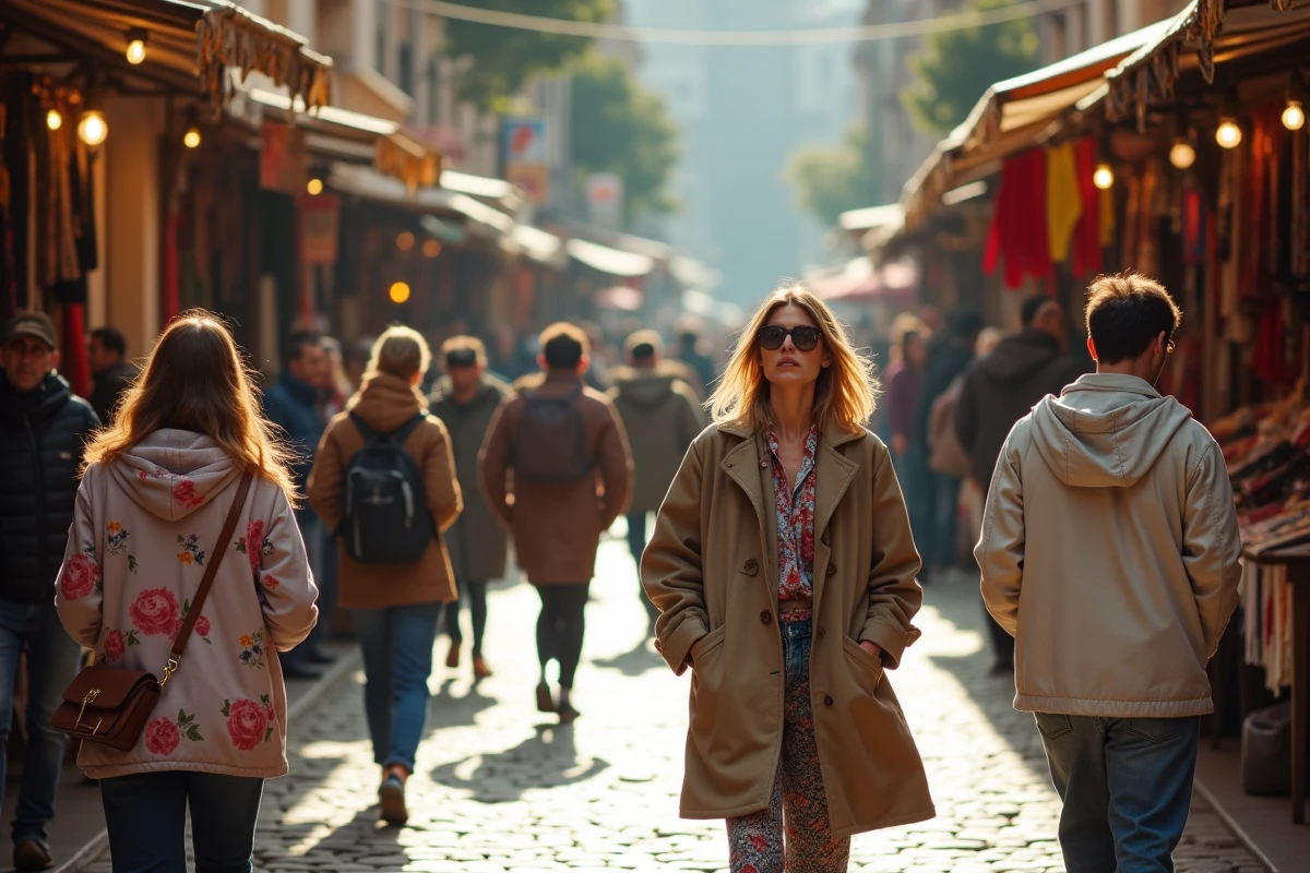 Marché de rue animé avec des passants habillés de façon unique et éclectique, symbolisant l'individualité opposée au concept d'uniforme