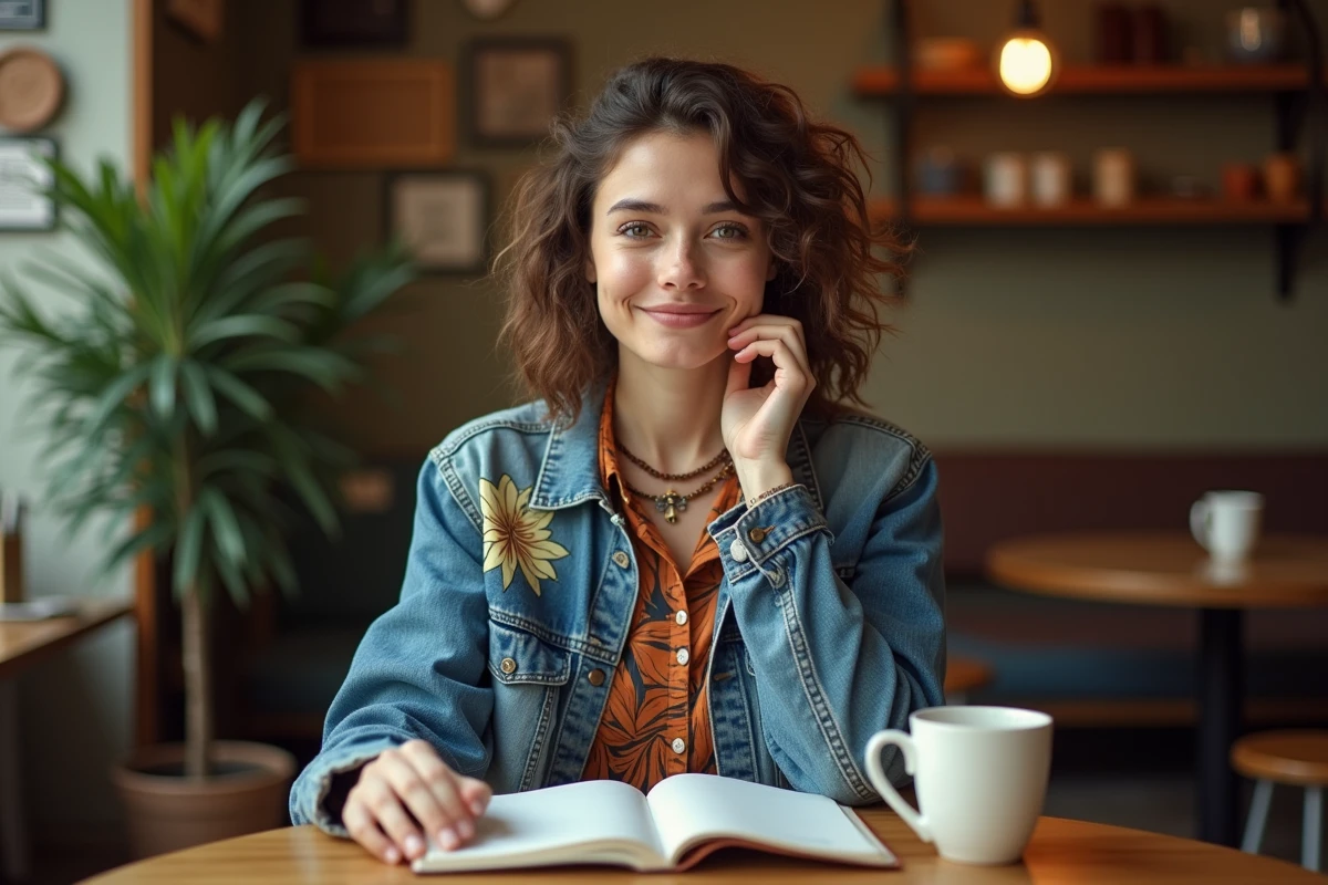 Portrait d'une jeune femme au style vestimentaire unique et coloré dans un café vintage, évoquant l'originalité et l'opposé de l'uniforme