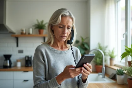 Femme d'âge moyen tenant un téléphone fixe sans fil affichant un appel manqué d'un numéro inconnu 03 77 dans une cuisine moderne