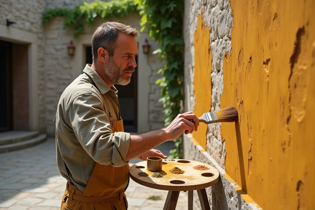 Homme appliquant de la peinture naturelle à l'ocre sur un mur en pierre de ferme traditionnelle avec un pinceau en soies naturelles