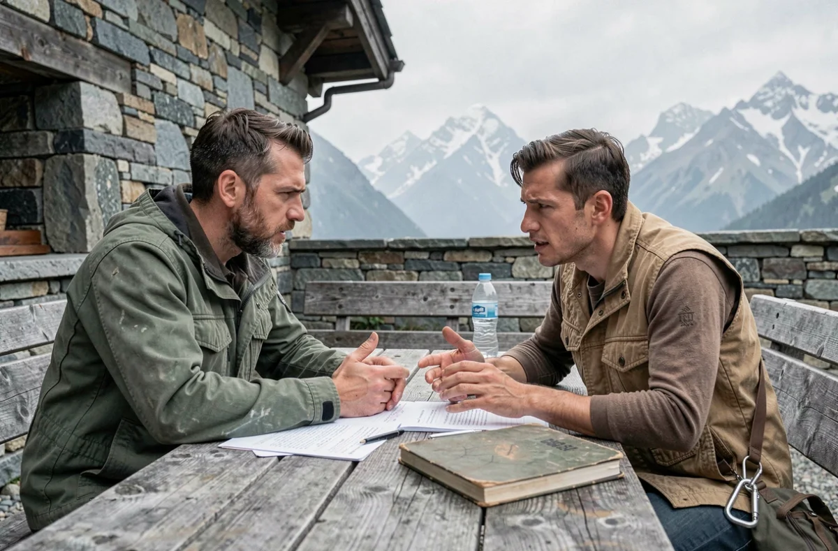 Deux candidats des Apprentis aventuriers 2026 en discussion stratégique devant un refuge de montagne, illustrant les enjeux de la saison de la dernière chance