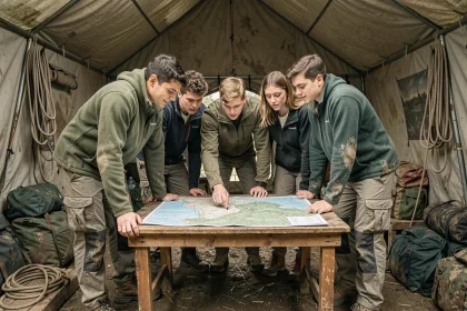 Groupe de jeunes aventuriers réunis autour d'une carte dans un camp de base, symbolisant la tension dramatique de la saison 2026 des Apprentis aventuriers