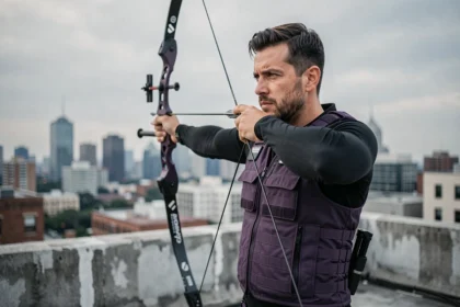 Archer professionnel en tenue tactique violette dessinant un arc sur un toit urbain, évoquant le personnage Hawkeye de Marvel Comics