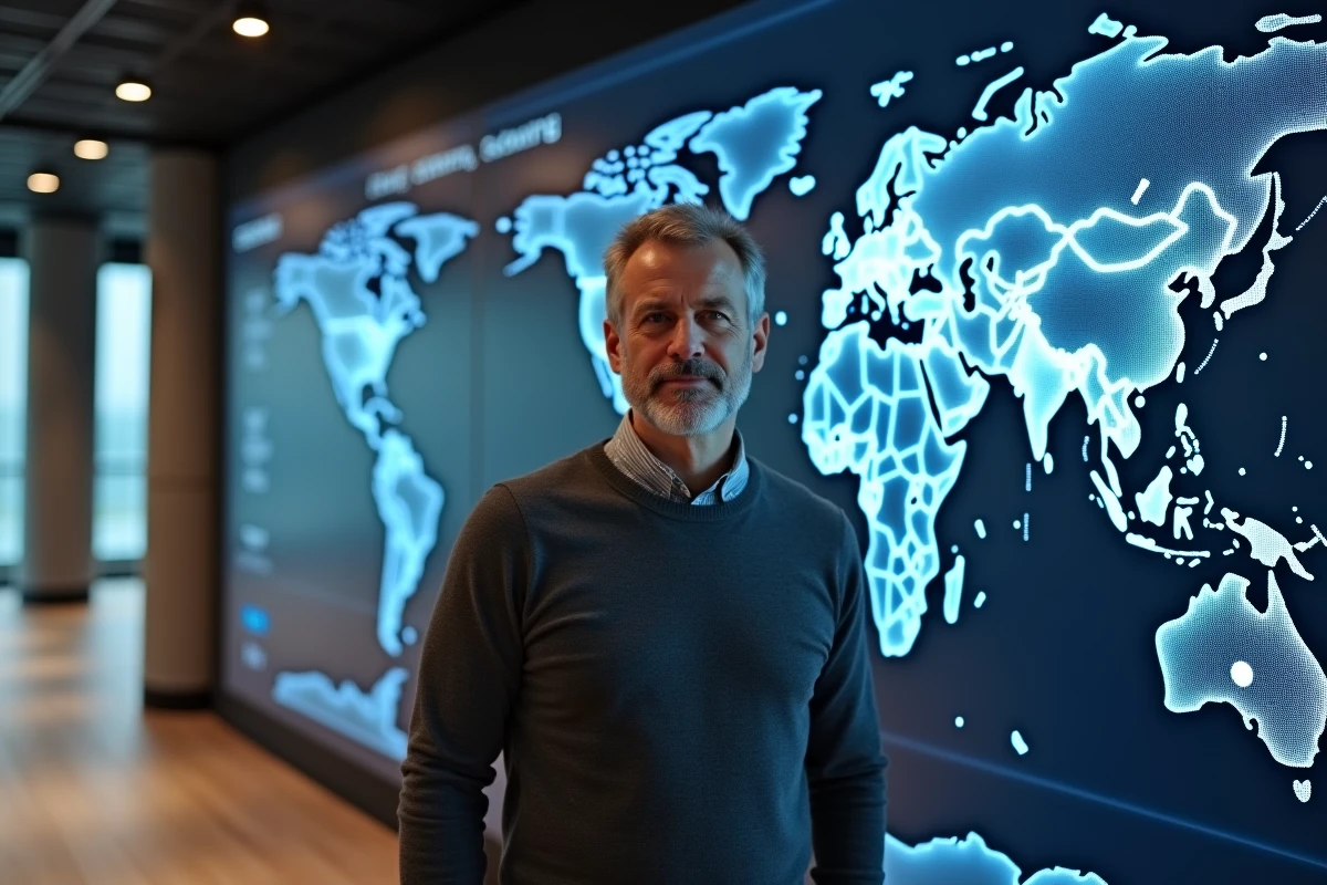 Architecte logiciel devant une carte mondiale de connectivité numérique dans un centre d'innovation en Estonie