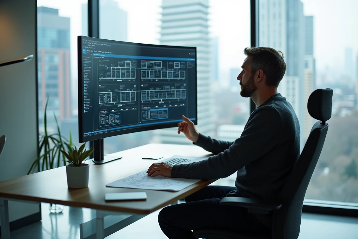 Architecte système senior de support L3 analysant des schémas d'infrastructure complexe dans un bureau vitré