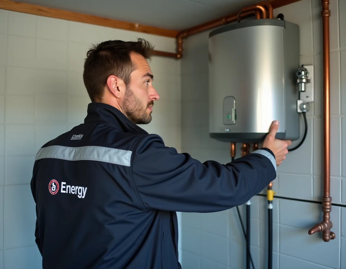Technicien d'Ardèche Energies inspectant une installation de chauffage et plomberie