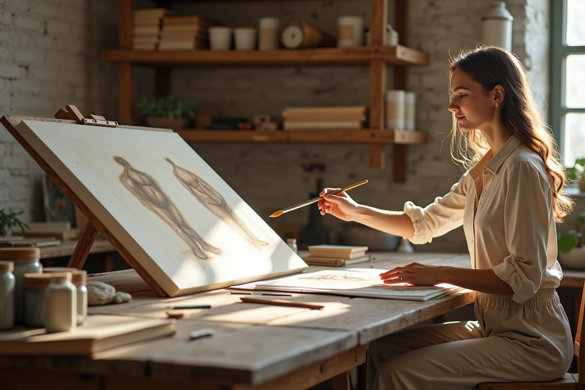 Jeune artiste peignant dans un atelier inspiré des maîtres de la Renaissance européenne