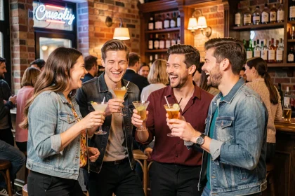 Groupe d'amis qui dansent et rient dans un bar convivial à Strasbourg, tenant des cocktails dans une ambiance chaleureuse