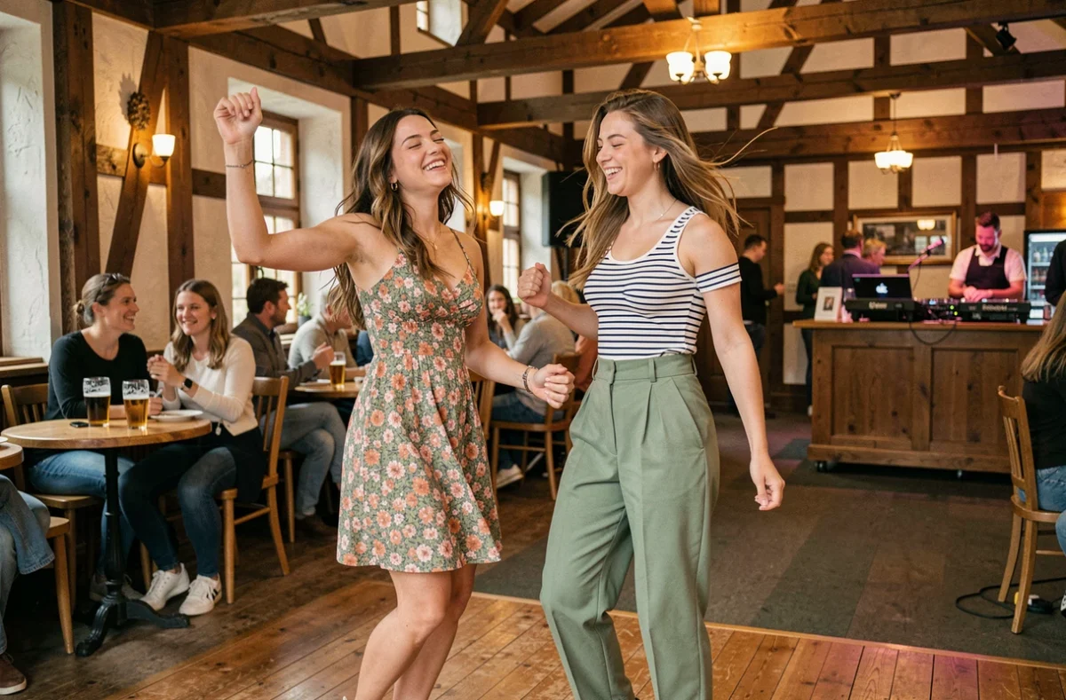 Deux jeunes femmes dansant sur la piste de danse d'un bar alsacien typique à Strasbourg dans une ambiance décontractée
