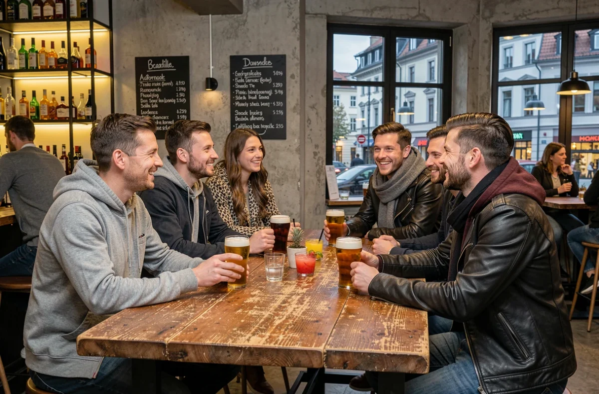 Groupe d'amis autour d'une table haute dans un bar tendance de Strasbourg, trinquant à des boissons abordables dans une atmosphère animée