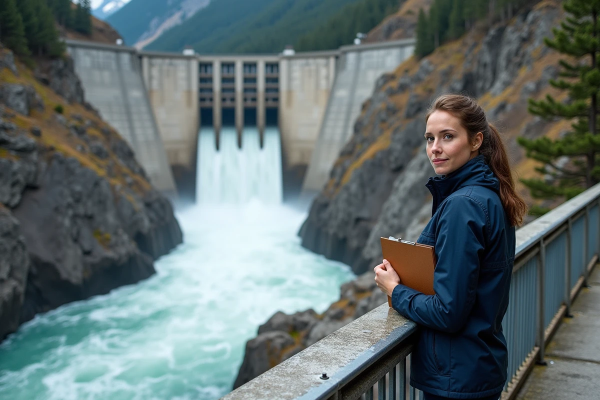 Ingénieure sur la passerelle d'observation d'un barrage hydroélectrique en montagne, analyse de la production d'énergie hydraulique renouvelable