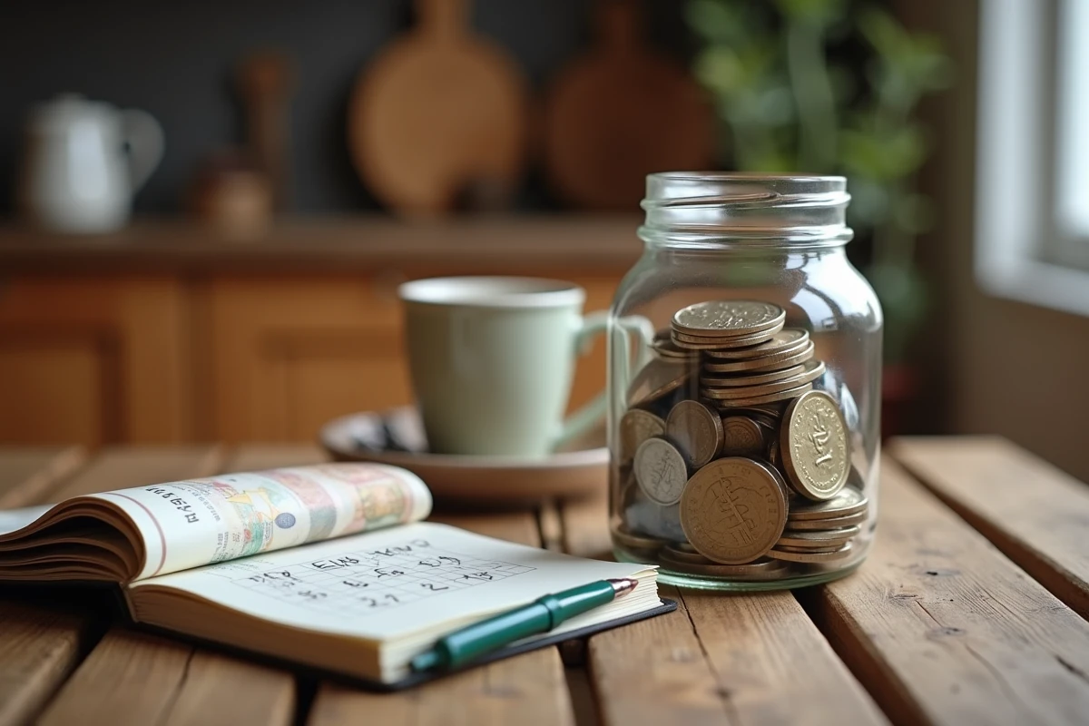 Bocal en verre rempli de pièces et billets en euros posé sur une table en bois avec un carnet de budget manuscrit