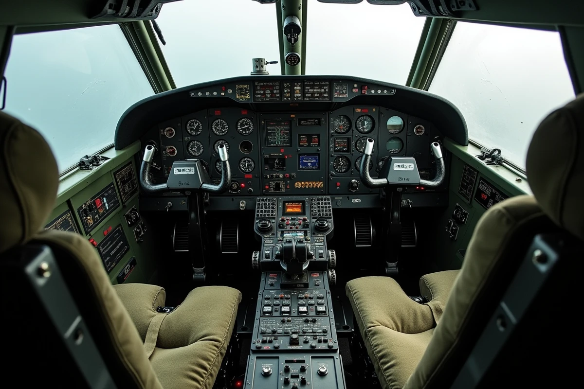 Intérieur du cockpit du Boeing B-17F avec instruments d'époque, harnais d'origine et commandes analogiques authentiques