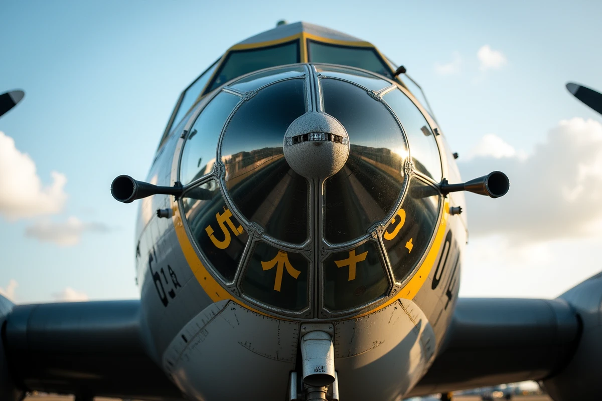 Gros plan du nez en Plexiglas du Boeing B-17F avec marquages d'époque, art de nez peint à la main et décompte de missions