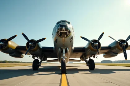 Vue grand angle d'un Boeing B-17F en livrée olive authentique sur une piste historique, détails de rivets et moteurs radiaux visibles