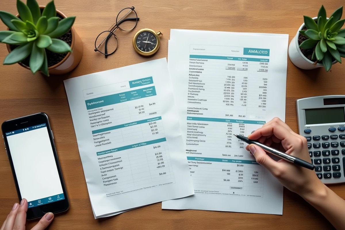 Vue aérienne d'un bureau avec factures, calculatrice et application bancaire représentant les dépenses mensuelles récurrentes