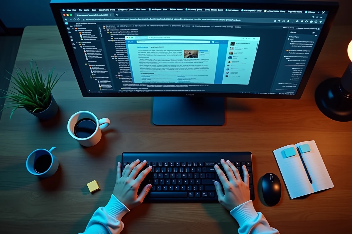 Vue aérienne d'un bureau avec un écran affichant des pop-ups publicitaires et un antivirus en cours d'analyse, illustrant les outils de protection de la navigation web
