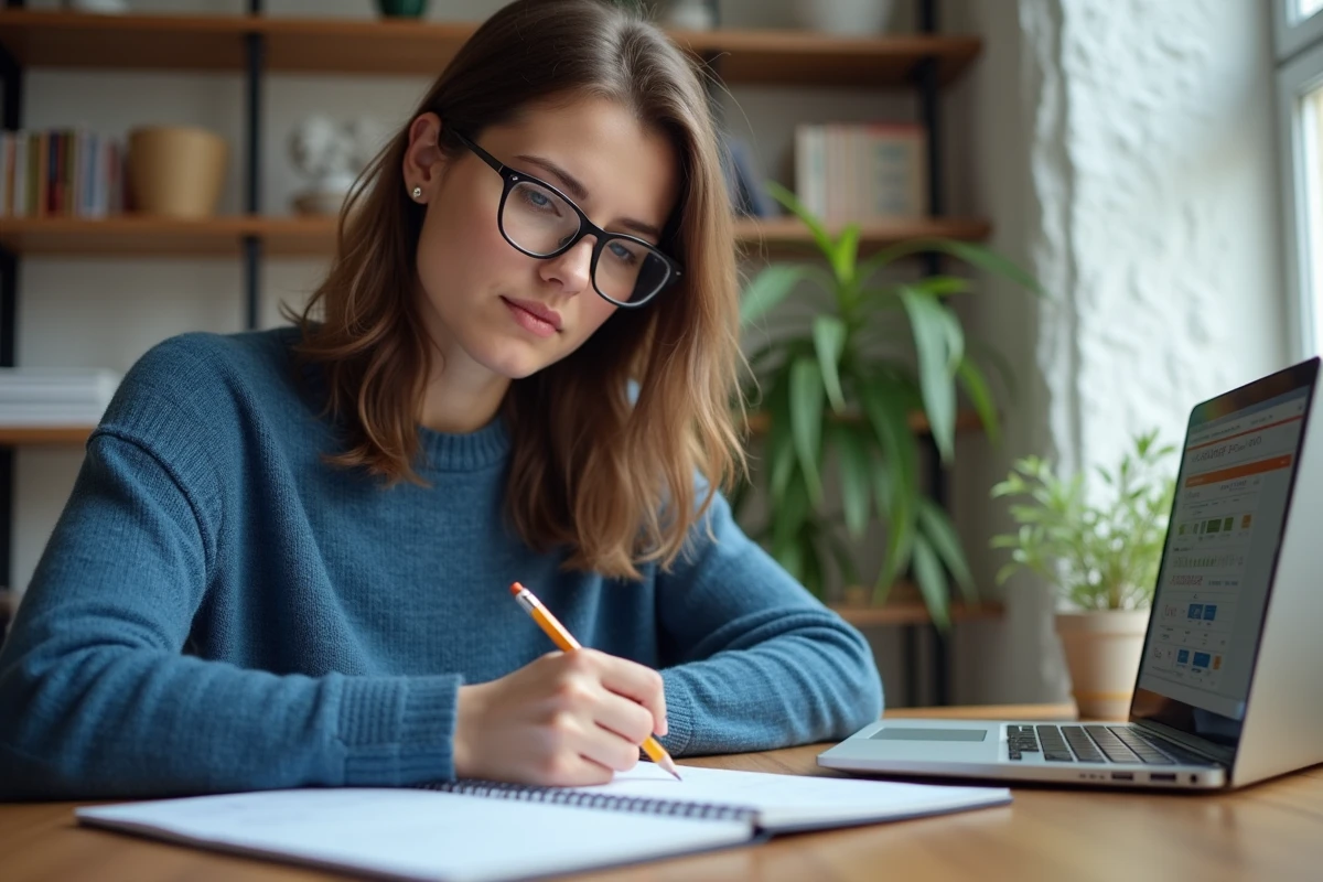 Jeune femme avec lunettes calculant des conversions de kilogrammes en tonnes dans un carnet sur un bureau en bois à domicile