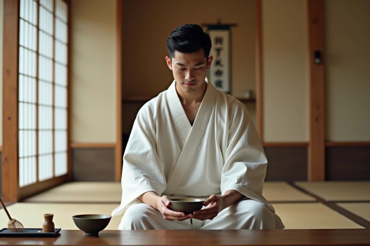 Jeune homme en kimono blanc pratiquant la cérémonie du thé japonaise traditionnelle dans une salle de thé minimaliste ornée de shoji et d'un tokonoma