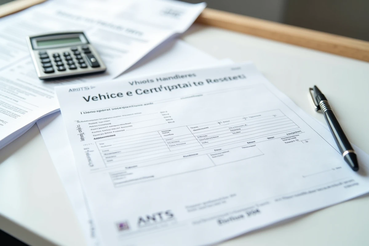 Gros plan sur un certificat d'immatriculation et des formulaires administratifs pour l'exonération de taxe carte grise