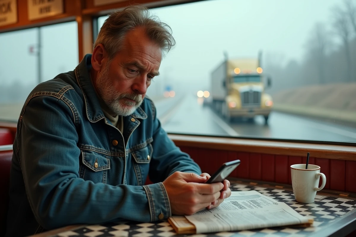 Chauffeur de camion inquiet consultant son téléphone dans un diner face à la menace du chômage causée par les véhicules autonomes et l'automatisation du transport