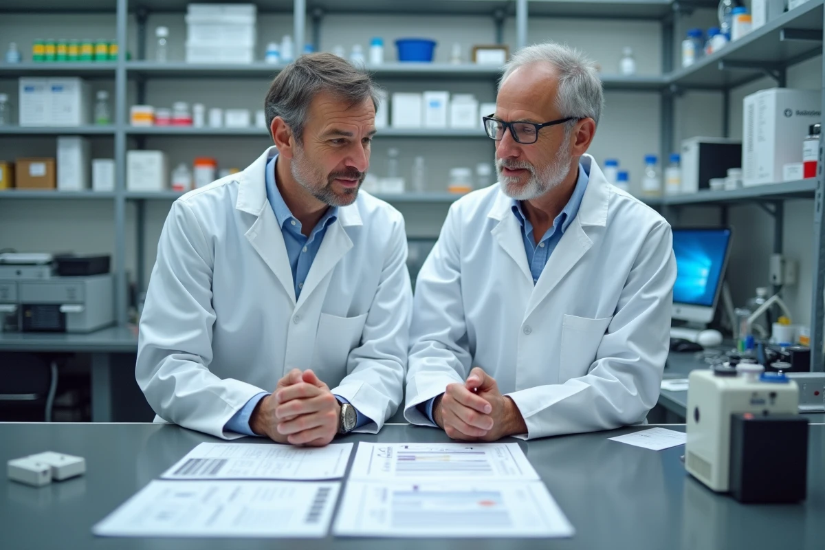 Chercheurs étudiant des prototypes de batteries dans un laboratoire de R&D spécialisé en France