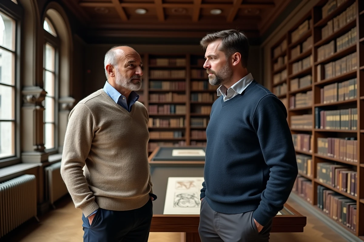 Deux chercheurs étudiant des manuscrits Renaissance dans une archive universitaire européenne