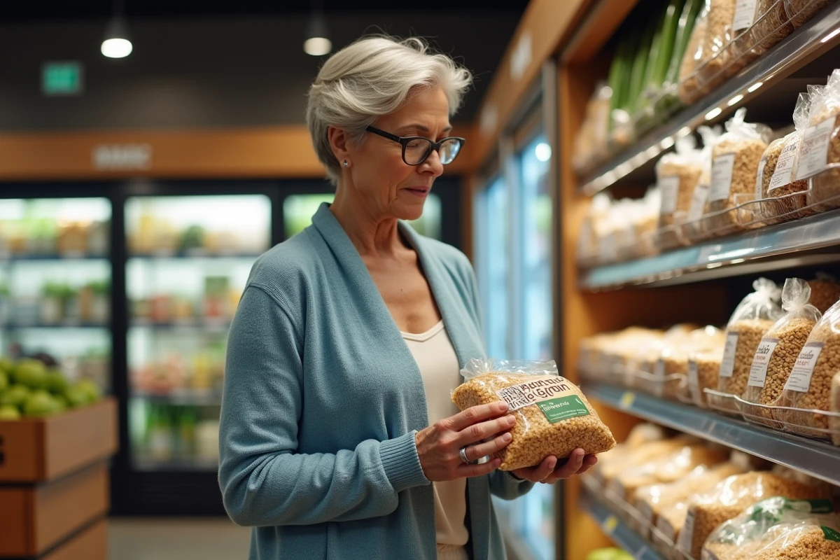 Femme d'âge mûr comparant des produits céréaliers complets dans le rayon d'un supermarché, illustrant les choix alimentaires liés aux besoins nutritionnels