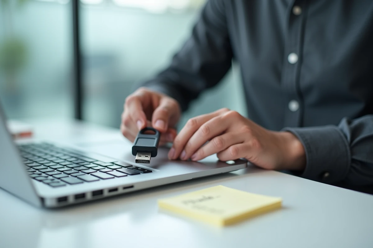 Gros plan sur des mains insérant une clé USB de sécurité dans un ordinateur portable pour protéger les données