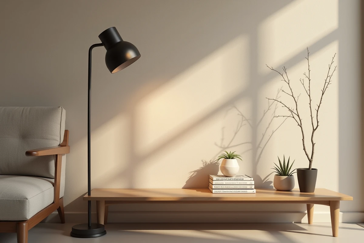 Coin salon minimaliste avec lampadaire noir, étagère en bois et plante succulente dans un intérieur sobre et épuré