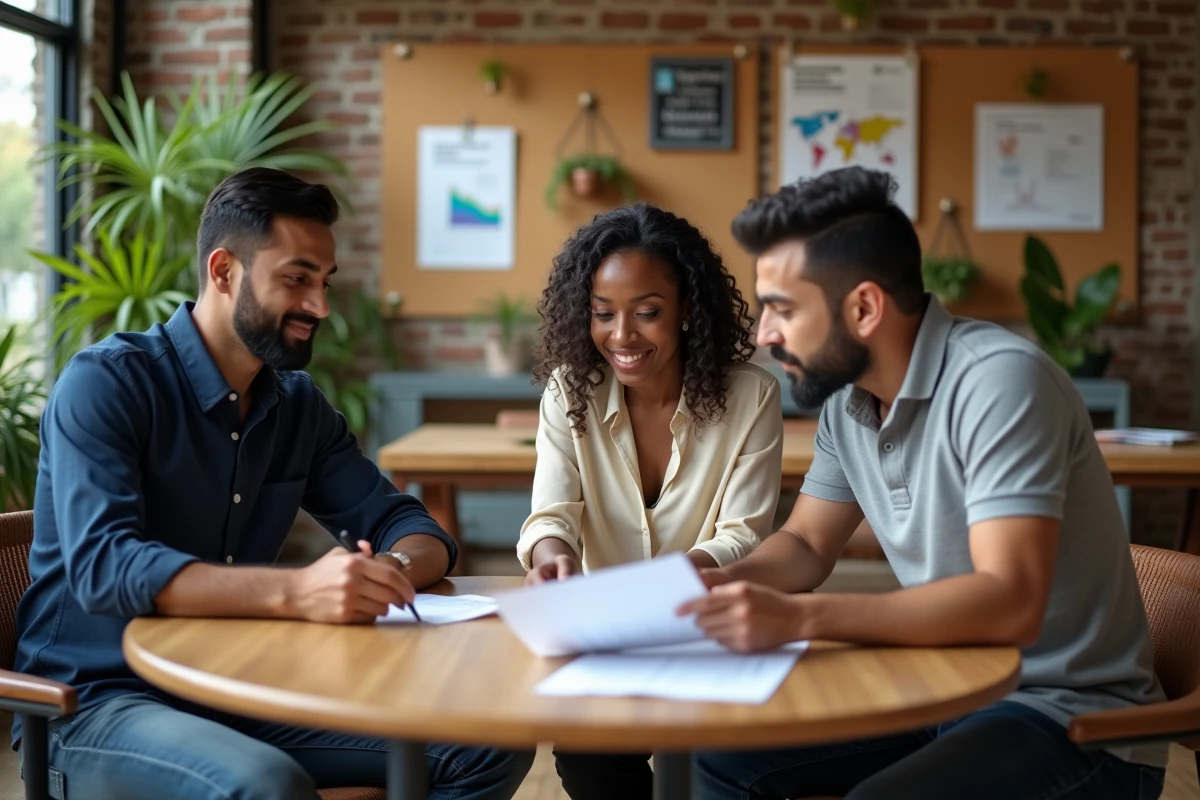 Groupe diversifié de professionnels collaborant autour d'une table sur des projets de développement durable et d'équité sociale