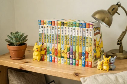 Collection de mangas Pokémon Aventures alignés sur une étagère en bois avec des figurines Pokémon décoratifs