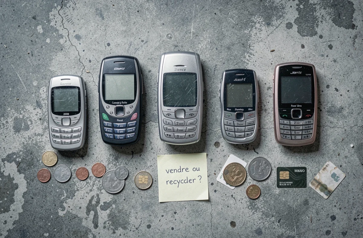 Collection de vieux téléphones portables posés à plat sur une surface en béton gris, illustrant l'évolution technologique et la question de leur valeur