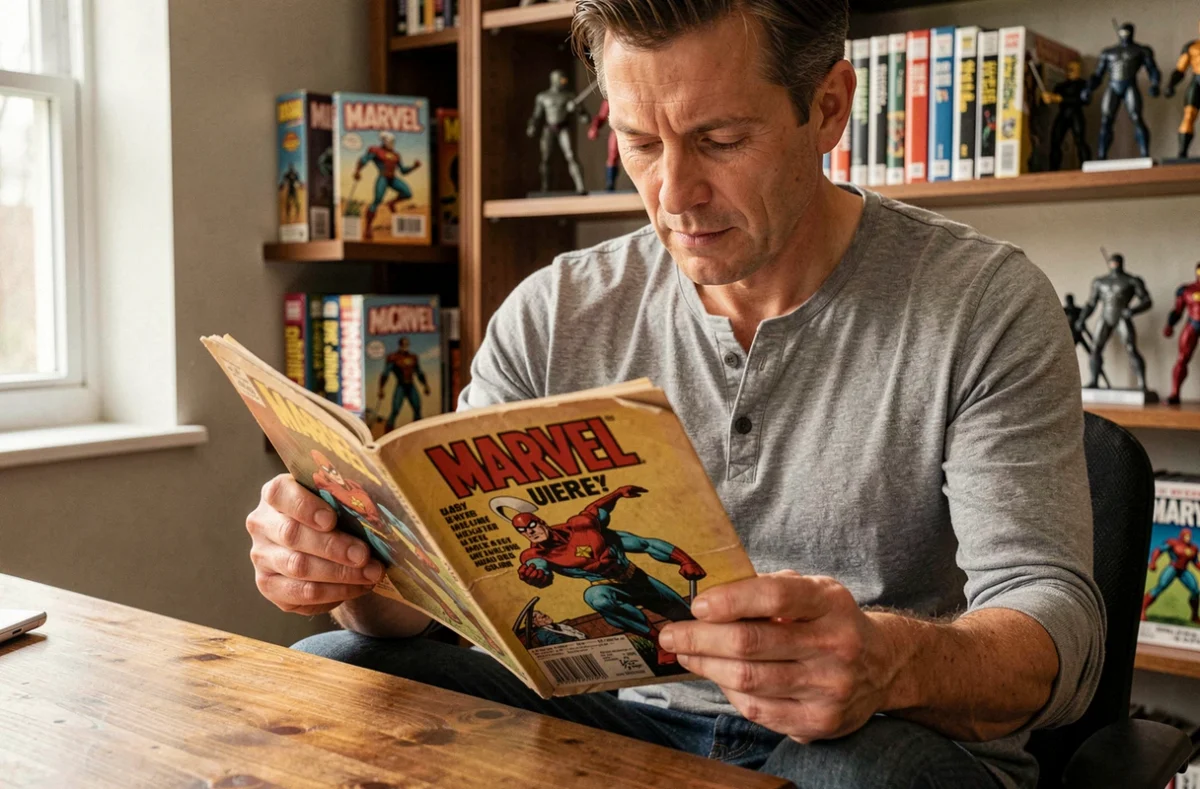 Collectionneur tenant un comic book vintage Marvel Comics représentant Hawkeye Clint Barton dans une bibliothèque dédiée aux comics