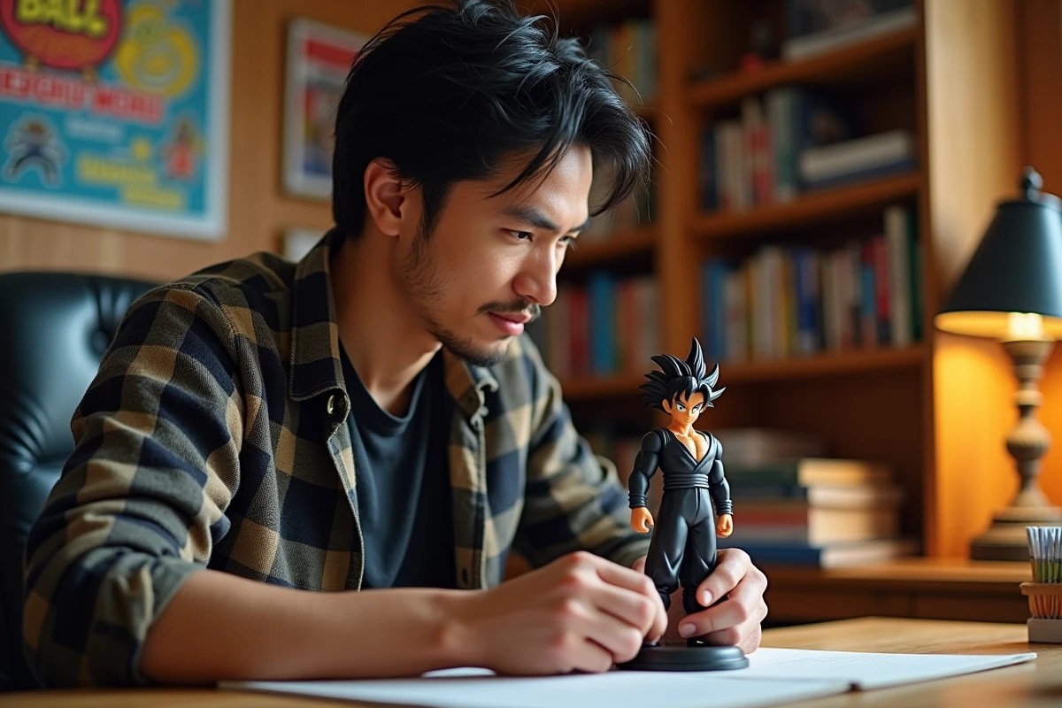 Collectionneur adulte examinant une figurine de Black Goku entouré de mangas et objets Dragon Ball Super