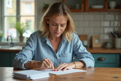 Femme collant un timbre sur une enveloppe dans une cuisine française