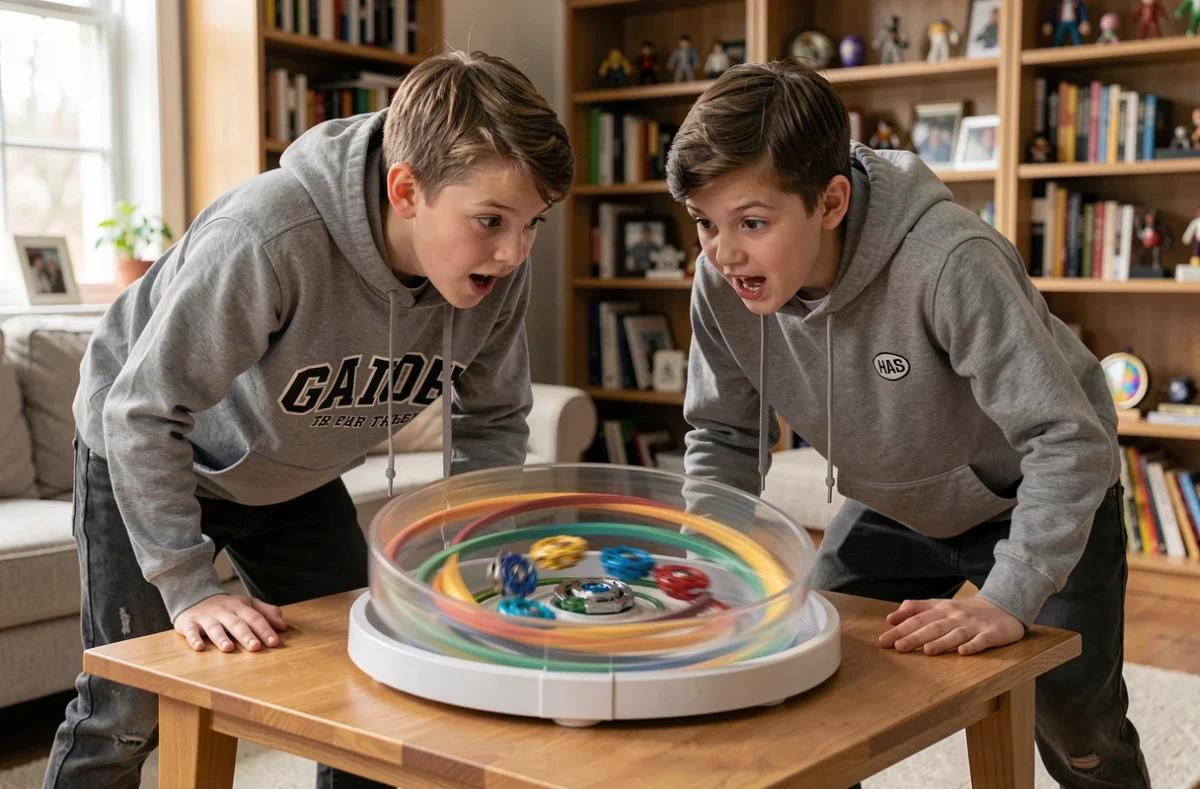 Deux adolescents observant un combat de Beyblade dans un stade plastique posé sur une table, ambiance compétitive décontractée