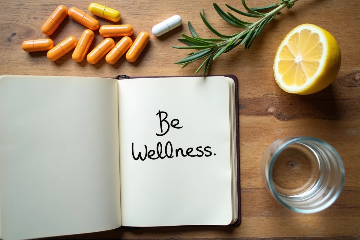 Gros plan de compléments alimentaires en vitamines posés sur une table en bois avec du citron et des notes bien-être