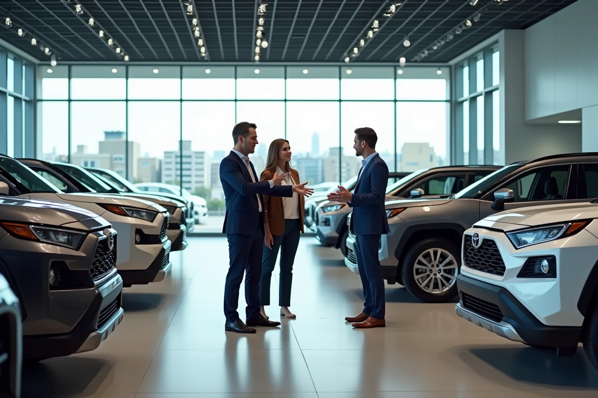 Intérieur d'une concession Toyota avec vendeur présentant un SUV à des clients, ambiance showroom automobile professionnel